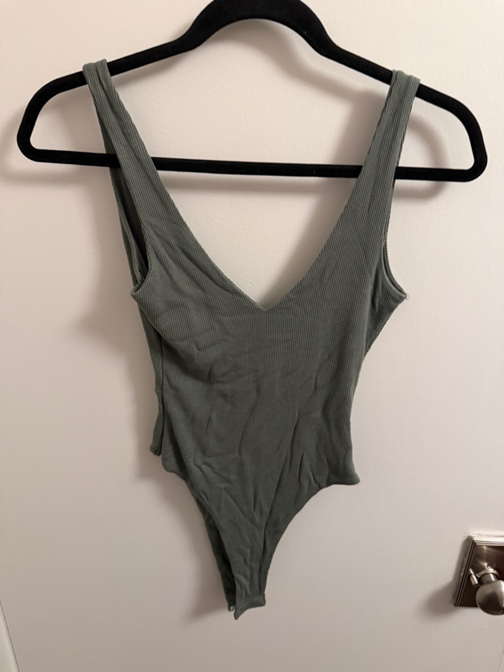 Ribbed V-Neck Women's Bodysuit in Olive